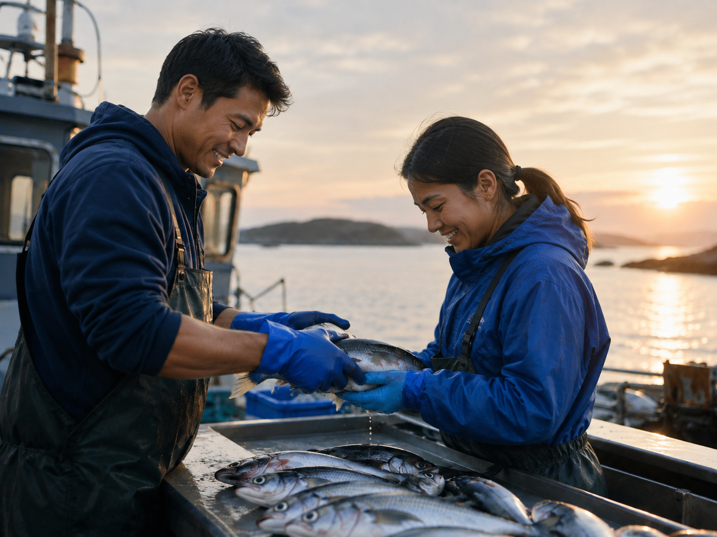 Fishing crew handling the day's catch at sunrise